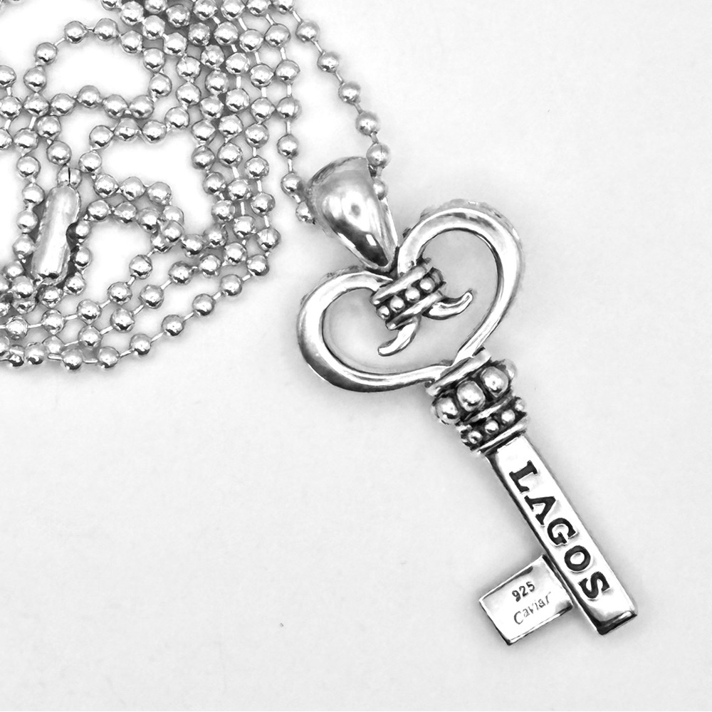 Lagos Signature Sterling Silver 925 Caviar Key Pendant Necklace